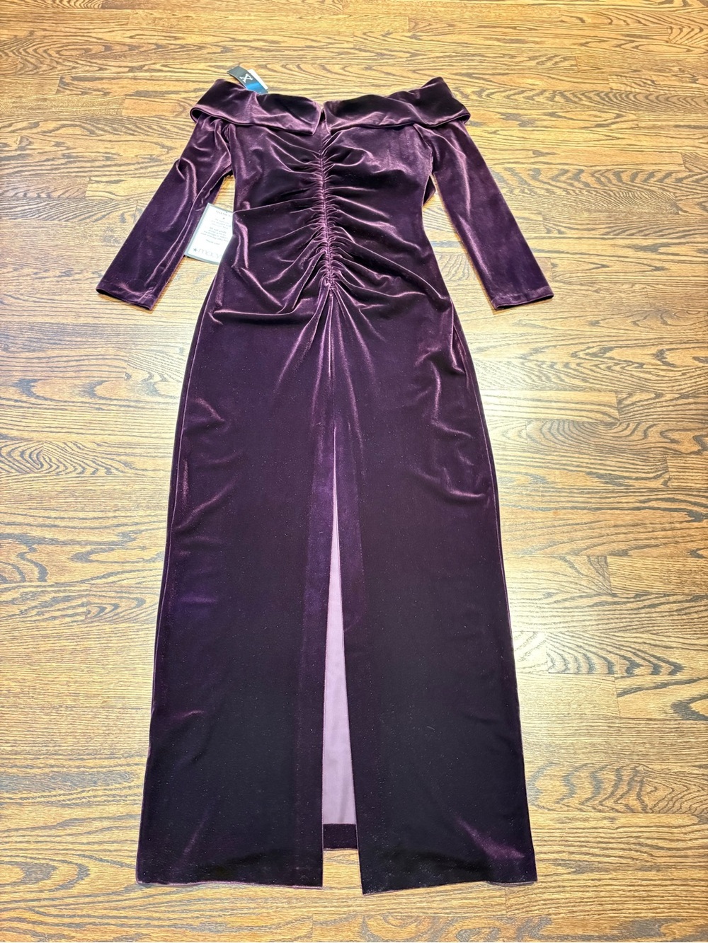 Xscape Off-Shoulder Velvet Maxi Dress in Plum/Maroon MOB/MOG - Picture 6 of 9